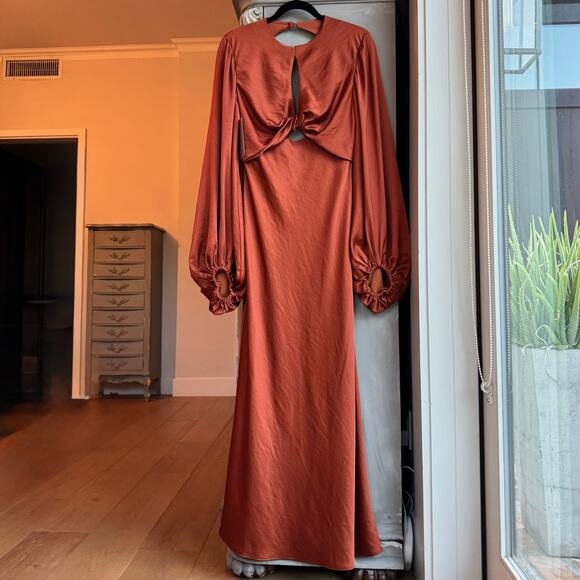 Significant Other Gown Sz 6 Demi Backless Rust Red Satin Long Sleeve Column Maxi - Picture 2 of 15